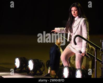 Mexiko-Stadt, Mexiko. Februar 2024. Die chilenische Sängerin und Songwriterin Mon Laferte nimmt an einer Pressekonferenz Teil, um ihre Autopoietica-Tour am 20. Februar 2024 im Palacio de los Deportes in Mexiko-Stadt anzukündigen. (Foto: Marco Gonzalez/Eyepix Group) Credit: NurPhoto SRL/Alamy Live News Stockfoto