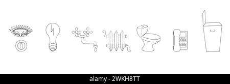 Set von Symbolen im Doodle-Stil Gas, Strom, Wasser, Heizung, Kanalisation, Telefonkommunikation, Müllabfuhr. Das Konzept der Energieeinsparung Stock Vektor