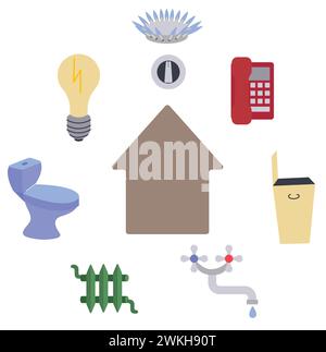 Gas, Strom, Wasser, Heizung, Kanalisation, Telefon, Symbole für die Müllsammlung eingestellt. Das Konzept der Energieeinsparung, der Zahlung von Versorgungsrechnungen. Vektormaterial Stock Vektor