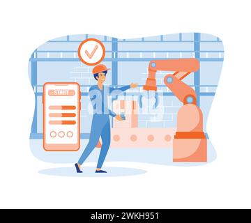 Mann, der mit interaktiver Schnittstelle arbeitet. Intelligente Industrie, innovative Fertigung. Moderne Illustration des flachen Vektors Stock Vektor
