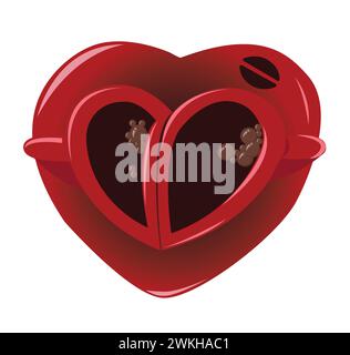 Romantische Dating-Ikone mit zwei herzförmigen roten Kaffeetassen. Vektorillustration isoliert auf weißem Hintergrund. Stock Vektor