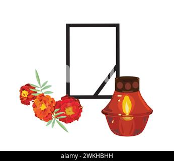 Trauerrahmen mit schwarzem Band, brennende Kerze in einer Ikonenlampe, ein Blumenstrauß aus orangefarbenen Ringelblumen, A Stock Vektor