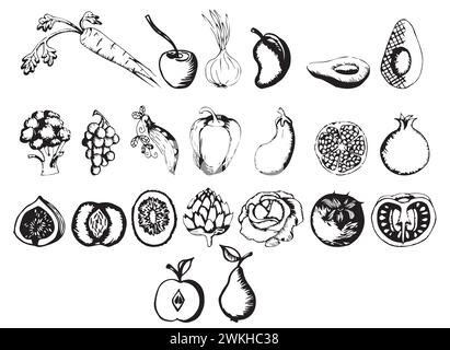 Einfarbiges handgezeichnetes Set aus Gemüse und Früchten. Grafiken. Illustration des Vektormaterials und isoliert auf weißem Hintergrund. Stock Vektor
