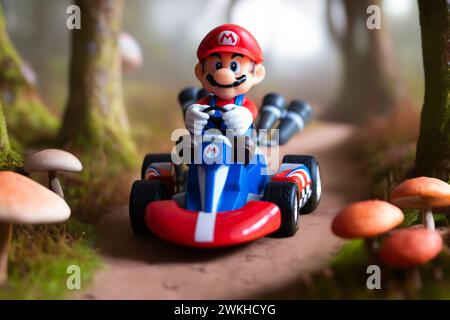 Lemberg, Ukraine - 7. Dezember 2023: Super Mario in einem Kart - Rennspielzeug Stockfoto