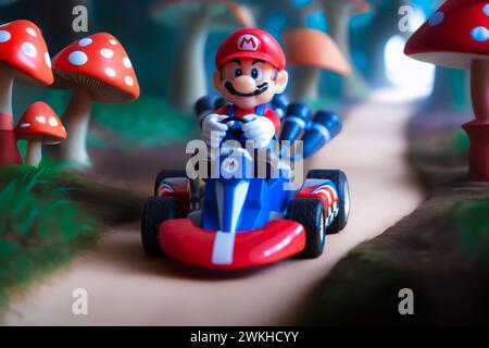 Lemberg, Ukraine - 7. Dezember 2023: Super Mario in einem Kart - Rennspielzeug Stockfoto