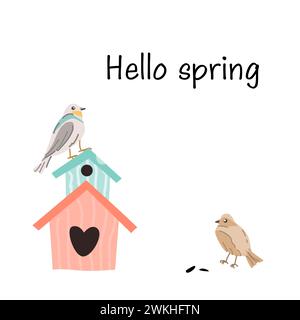 „Hello Spring“-Schriftzug und Vogelhaus mit Vogelkarte, Cover-Design. Vektordarstellung isoliert. Kann für Tapeten, Poster, Druckdesign für Stoffe verwendet werden. Stock Vektor