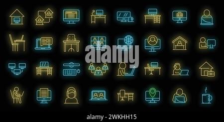 Symbole für das Heimbüro eingestellt. Skizzieren Sie eine Reihe von Vektorsymbolen für das Home Office in Neonfarbe auf Schwarz Stock Vektor