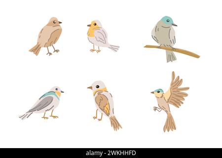 Set von Frühlingsvögeln - niedliche Tiere stehen, fliegen und sitzen auf Holz Vektor-Illustration isoliert. Kann für Tapeten, Poster, Druckdesign für Stoffe verwendet werden. Stock Vektor