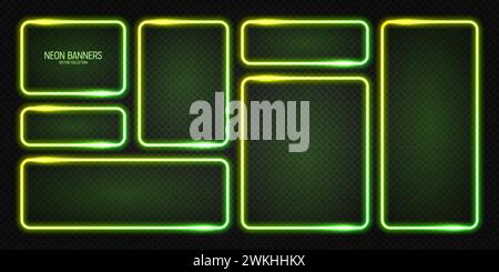 Leuchtende Neonbanner, beleuchtete bunte quadratische Rahmen. Glänzender, lebendiger Rand, Leuchteffekt. Grüne Vintage Retro-Lichter, Nachtbeleuchtung. Modern Stock Vektor