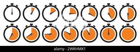 Uhrensymbol in orangefarbener Farbe. Stoppuhr-Symbolsatz. Countdown-Uhr Stoppuhr, Timer-Vektor-Illustration. Sammlung von Timer-Symbolen in Orange. Stock Vektor