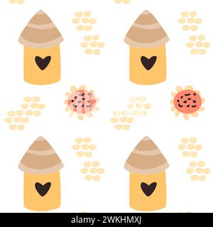 Herbstmuster mit Vogelhäusern und Sonnenblumen. Vektordarstellung isoliert. Kann zum Einpacken von Papier, Textil, Grußkarte, Festdesign verwendet werden Stock Vektor