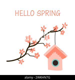 Hallo Frühling Hintergrund mit Kirschblüten Sakura und Vogelhaus. Vektordarstellung isoliert. Schriftzug in rosafarbener Farbe. Stock Vektor