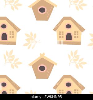 Herbstmuster mit Vogelhäusern und Blättern. Vektordarstellung isoliert. Kann zum Einpacken von Papier, Textil, Grußkarte, Festdesign verwendet werden Stock Vektor