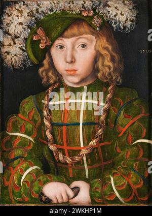 Johann Friedrich I. (Johann Friedrich), Kurfürst von Sachsen (1503–1554) als kleiner Junge, Portraitgemälde in Öl auf Tafel von Lucas Cranach dem Älteren, 1509 Stockfoto