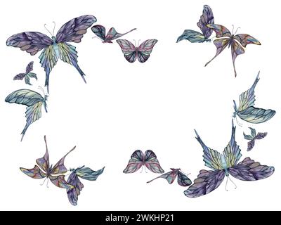Hand gezeichnet Aquarell Illustration Schmetterling Fee Flügel Edelstein Kristall Insektenmotte. Amethyst-Smaragd-Fluorit-Mondstein. Horizontaler Rahmen isoliert weiß Stockfoto