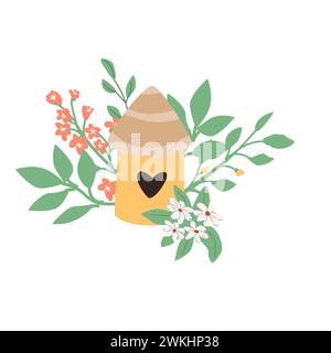 Hand gezeichnetes gelbes Vogelhaus in Blumen- und Zweighintergrund. Vektor-Illustration kann für Frühling oder Herbst Karte, Sommer Dekor verwendet werden. Niedliches Vogelhaus und Blumenstrauß. Stock Vektor