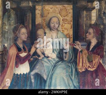 Quinten Massys, niederländische Tuchmalerei aus dem 16. Jahrhundert, die Jungfrau und das Kind mit den Heiligen Katharina und Barbara, Leim auf Leinen, 1515-1525 Stockfoto