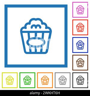 Popcorn umgibt flache farbige Symbole in quadratischen Rahmen auf weißem Hintergrund Stock Vektor