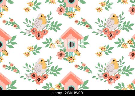 Handgezeichneter Frühlingsvogel robin und Vogelhaus-Muster mit Blumenelementen. Vektordarstellung isoliert. Kann zum Einpacken von Papier, Textilien, Kleidung verwendet werden. Grußkarte, Hintergrundbilder. Stock Vektor