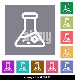 Laborkolben mit flüssigen, flachen Symbolen auf einfachen quadratischen farbigen Hintergründen Stock Vektor