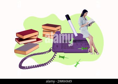 Kreative Fotocollage Illustration junge stehende Geschäftsfrau Sekretärin untersuchen Dokumente schauen Telefonkabel Bücher Stockfoto