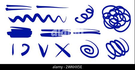 Handgezeichnete blaue Markierungslinien und Squiggle-Set. Vektorwellenlinie, Häkchen, Wirbel und Schlieren, isoliert auf weiß. Naive Doodle Sketchy Lines Pack. Kindliches, Doodle-freies Zeichnen. Stock Vektor