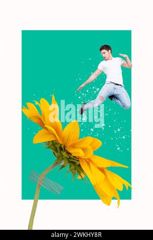 Vertikale Collage Bildposter junger funky Mann springender Blume Trampolin Sonnenblume Sommer Pflanze Jahreszeit energetische Bewegung Zeichnung Hintergrund Stockfoto