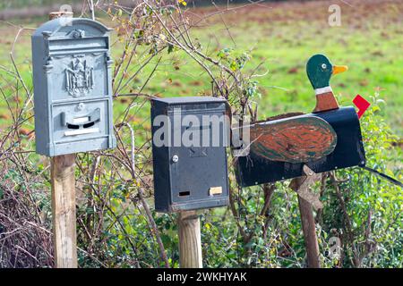 Alte traditionelle Briefkästen, graues Metaql, schwarzes Metall und Ente auf Holzpfählen auf der Straße im Dorf Monteriggioni, Italien Stockfoto