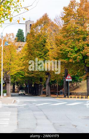 SP1, Strada Provinciale 1, Route unter den bunten Bäumen entlang San Gimignano, Region Monteriggioni in der Toskana, Italien Stockfoto