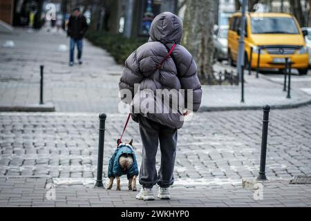 Odessa, Ukraine. Februar 2024. Eine Passantin steht morgens mit ihrem Hund auf einer Straße in der Hafenstadt. Am 24. Februar 2024 jährt sich der Beginn des russischen Aggressionskrieges gegen die Ukraine zum zweiten Mal. Quelle: Kay Nietfeld/dpa/Alamy Live News Stockfoto