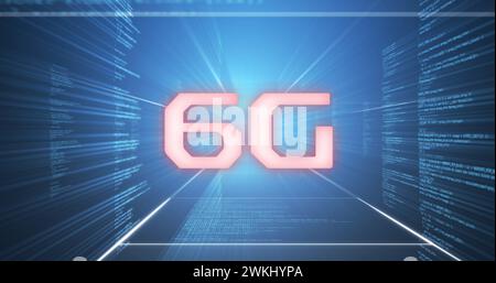 Bild: 6g-Text über einem Tunnel der Datenverarbeitung auf blauem Hintergrund Stockfoto