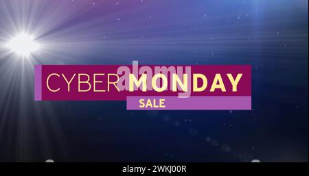 Bild von Cyber monday Verkaufstext auf violettem Banner über leuchtendem Licht auf dunkelblauem Hintergrund Stockfoto