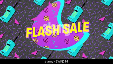 Bild des Retro-Flash-Verkaufstextes auf rosa und blau gemustertem Splodge mit Retro-Mobiltelefonen Stockfoto