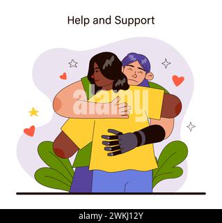 Hilfe- und Supportkonzept. Mitfühlende Umarmung, die emotionale Unterstützung darstellt. Visuelle Darstellung von Pflege und Komfort in Notzeiten. Gegenseitige Unterstützung und gegenseitiges Verständnis. Illustration des flachen Vektors. Stock Vektor