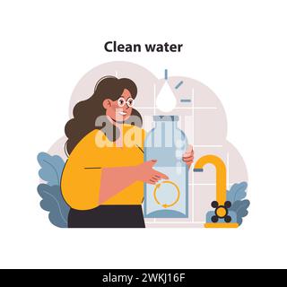 Sauberes Wasser. Frau, die sauberes Wasser aus dem Wasserhahn gießt. SDG oder Ziel der nachhaltigen Entwicklung. Umweltschutz, Klima- und Naturschutz. Illustration des flachen Vektors Stock Vektor