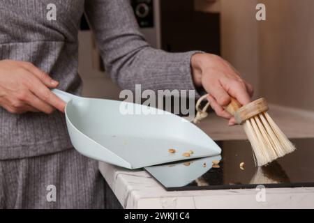 Nahaufnahme von Frauenhänden, die die Wohnung mit kleinem Besen und Kehrschaufel reinigen Stockfoto