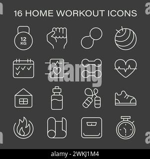 Set mit Symbolen für das Essential Home Workout. Symbole stehen für wichtige Fitnesselemente wie Gewichte, Herzfrequenz, Hydration und aktive Schuhe. Essentials für eine Heimtrainingsroutine. Flache Vektorsymbole. Stock Vektor