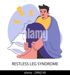 Restless-Legs-Syndrom oder RLS. Nächtliches Problem. Schlaflosigkeit bei einem Mann mit beunruhigenden Zuckungen der Füße oder der unteren Gliedmaßen. Angstzustände und Neurosen, Schlafstörungen. Illustration des flachen Vektors. Stock Vektor