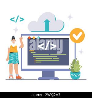 DevOps. Software-Entwicklungsmethodik. Softwareentwicklung und IT-Betriebszyklus, Programmierung und Integration und Automatisierung von IT-Services. Illustration des flachen Vektors Stock Vektor