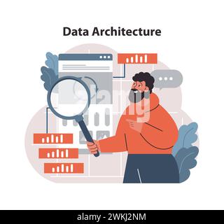 Inspektionskonzept der Datenarchitektur. Experte untersucht die Webschnittstelle und stellt so einen organisierten Datenfluss und eine optimale Struktur sicher. Strategische Planung, systematische Anordnung. Illustration des flachen Vektors Stock Vektor