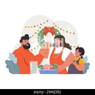 Die Charaktere feiern Weihnachten und Neujahr. Familienmitglieder, Mutter, Vater und Tochter kochen festliches Abendessen in den Winterferien, Tradition der Winterferien. Illustration des flachen Vektors Stock Vektor