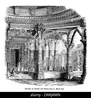 Die Eingangshalle des Vimala Vasahi-Tempels in Mount Abu ist ein atemberaubendes Beispiel für Jain architektonische Brillanz. Der im 11. Jahrhundert errichtete Tempel (oder Mandapa) empfängt Besucher mit kunstvollen Schnitzereien und detaillierten Skulpturen, die das Leben und die Lehren von Adinatha, dem ersten Jain Tirthankara, zelebrieren. Der Saal ist mit Tafeln geschmückt, die Szenen aus Jain-Schriften darstellen, umgeben von einer Reihe wunderschön geschnitzter Säulen, die die Struktur stützen. Die akribische Handwerkskunst zeigt die Hingabe der Handwerker an ihre spirituellen Überzeugungen Stockfoto