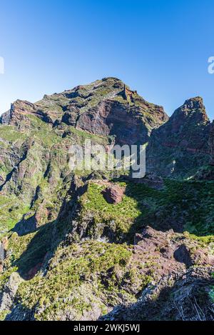 Pico Ruivo - höchster Hügel der Insel Madeira - Blick vom Wanderweg Vereda do Areeiro während des Frühlingsvormittags Stockfoto