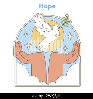 Illustration des Hope-Konzepts. Offene Hände lassen eine Taube frei, das universelle Symbol des Friedens und guten Willens, vor dem Morgenhimmel. Symbolisch für spirituelle Freiheit und Glauben. Illustration des flachen Vektors Stock Vektor