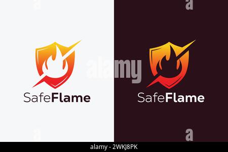 Minimalistisches Logo mit Brandflamme und Schildvektor. Modernes farbenfrohes Brandflamme und Vektorlogo. Safe Fire, Crest und Infiny Logo Stock Vektor