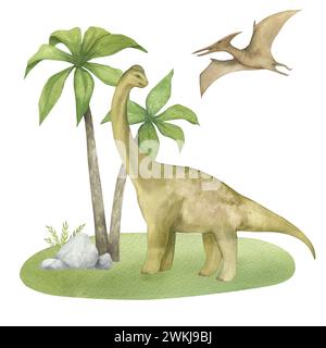 Aquarellillustration eines Dinosauriers Diplodocus und Pterodactyl auf grünem Gras mit Palmen, Aquarelltextur, handgemacht, isoliert. Für Kinder Stockfoto