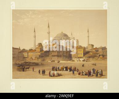 Istanbul, Türkei 1850er Jahre Zeichnungen der Hagia Sophia Moschee zeigen die Architektur des Tempels draußen, wie er steht, und ragen durch Häuser mit Menschen auf dem Hauptplatz. Von Gaspard Fossati Lithographie, Farbe. 1852 aus 'Aya Sofia, Konstantinopel, wie vor kurzem restauriert auf Befehl von S.M. des Sultans Abdul Medjid' Stockfoto