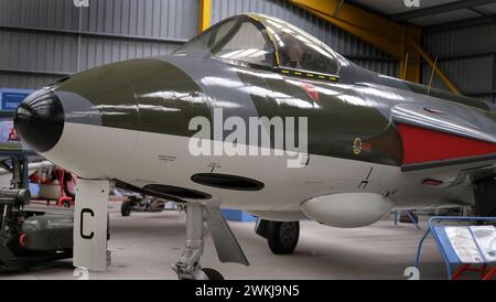 Die Hawker Hunter ist ein britisches Jet-Kampfflugzeug, das von Hawker Aircraft für die Royal Air Force entwickelt wurde. Stockfoto