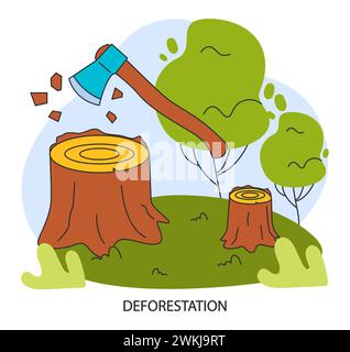 Klimawandel. Entwaldung. Wald hacken, Wälder zerstören. Gefahr für Ökologie und Luftverschmutzung. Illustration des flachen Vektors Stock Vektor