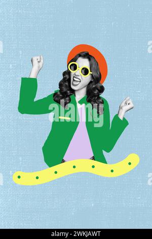 Vertikale Collage Bild junge ehrgeizige Frau erreichen Erfolg emotionale Reaktion stilvolles Outfit Sonnenbrille Hut positive Stimmung Triumph Stockfoto